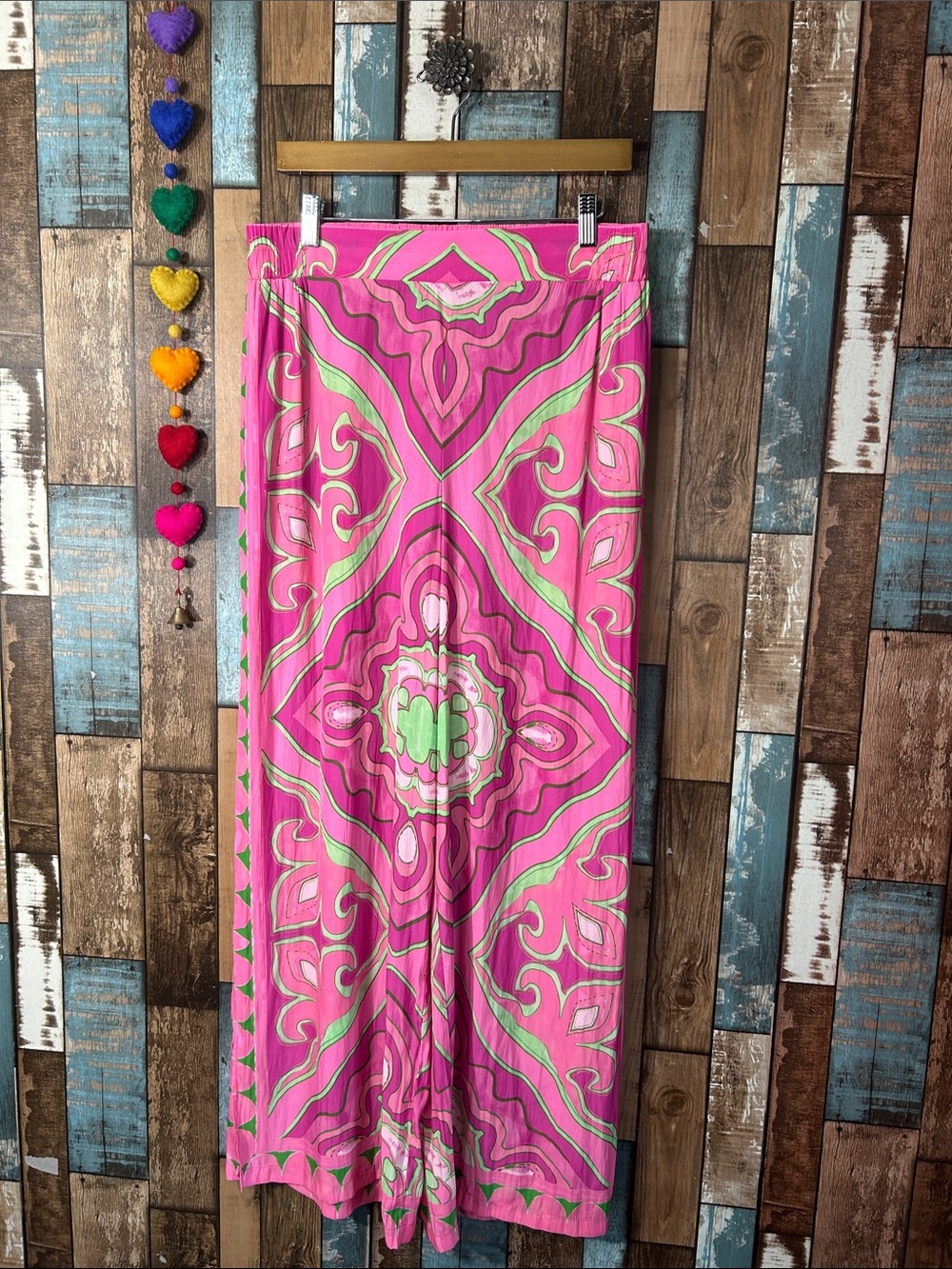 Rose and olive Abstract colorful side slit silky pants